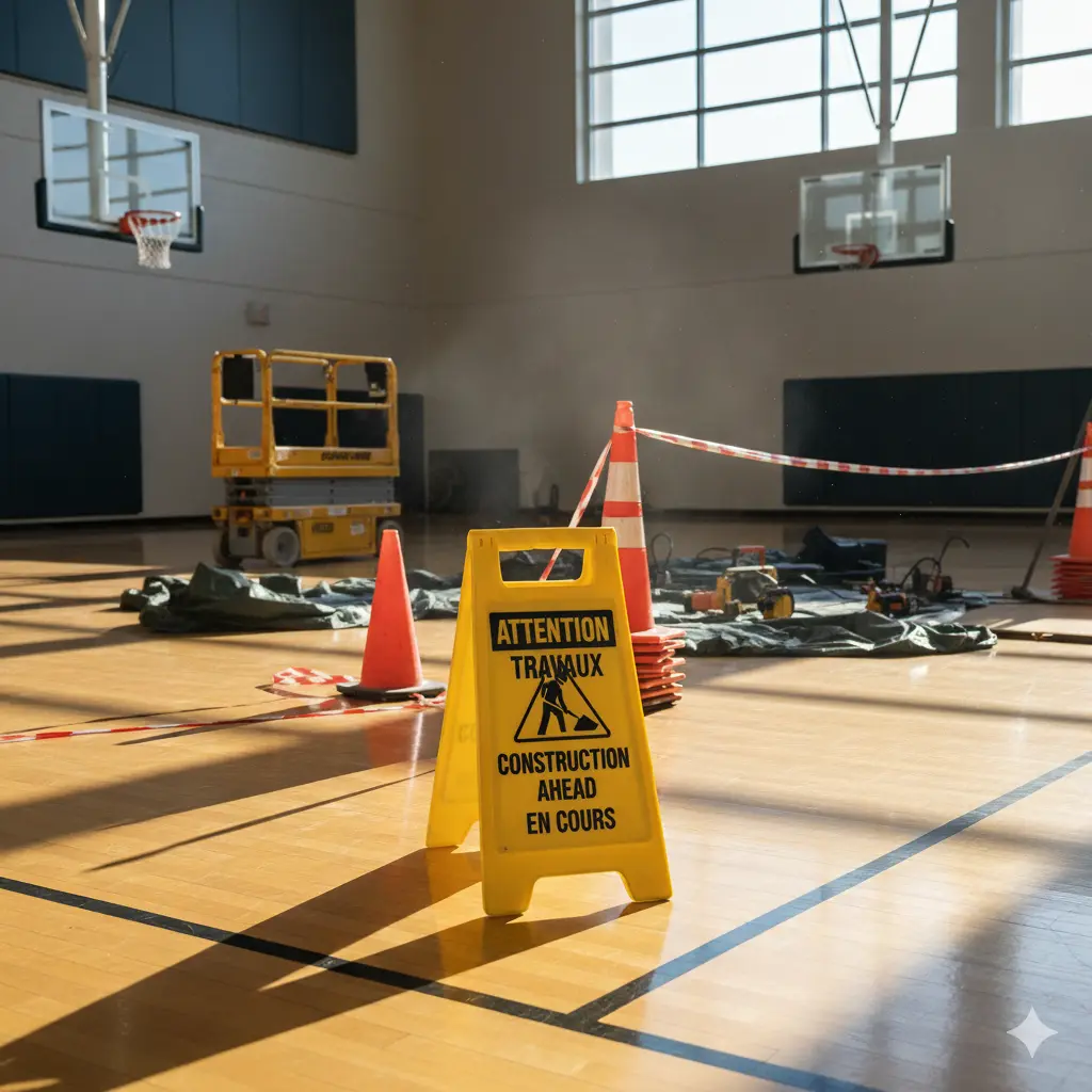 Gymnase de basketball en travaux, symbolisant la reconstruction et la préparation de l'équipe U18M de Gerzat Basket pour la poule haute. On voit un panneau "Attention Travaux" sur le parquet.