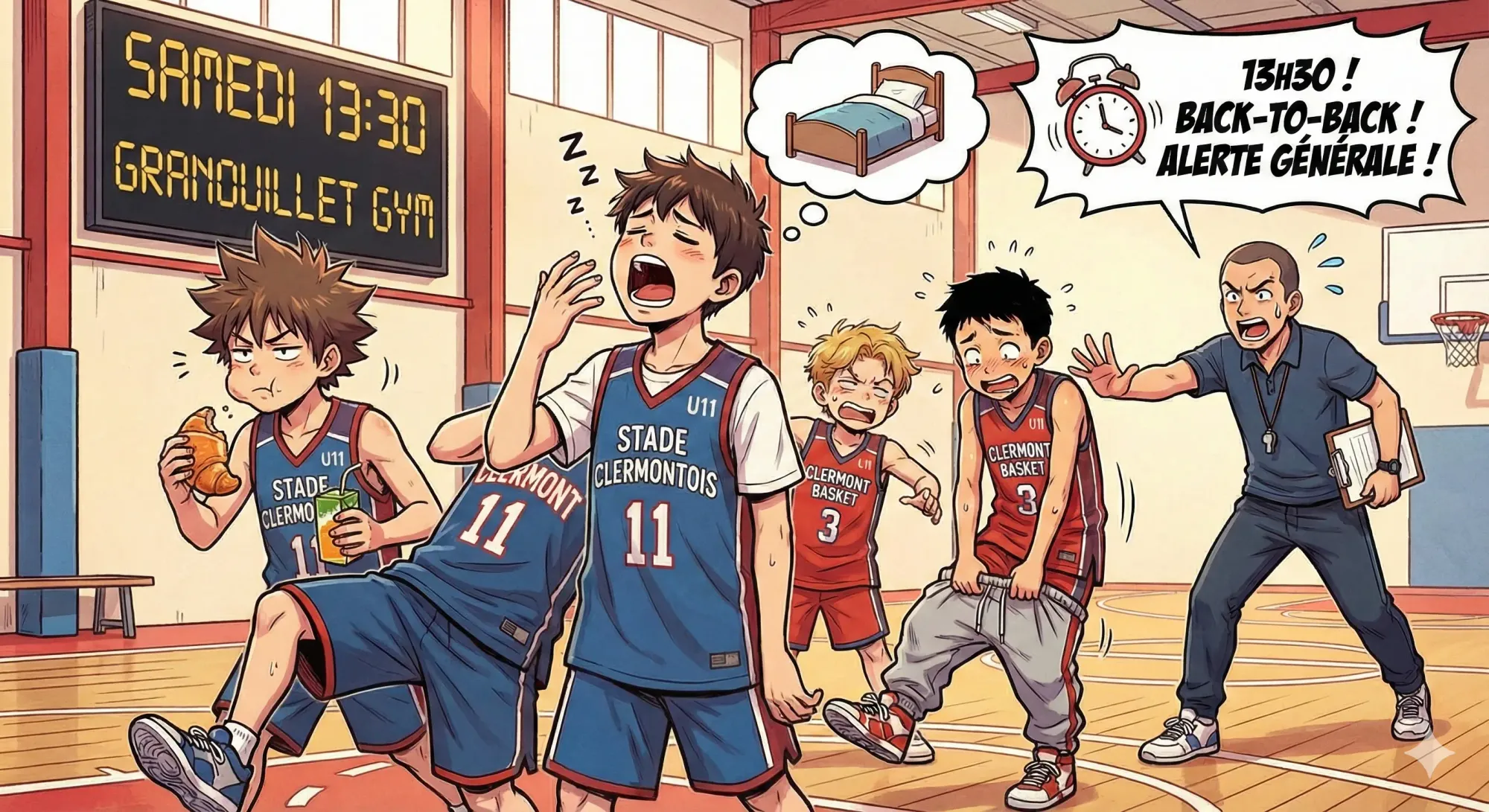 Image manga de joueurs de basket finissant leur déjeuner et préparation