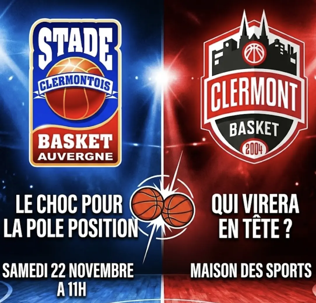 Affiche de match avec logo Stade Clermont et Clermont Basket