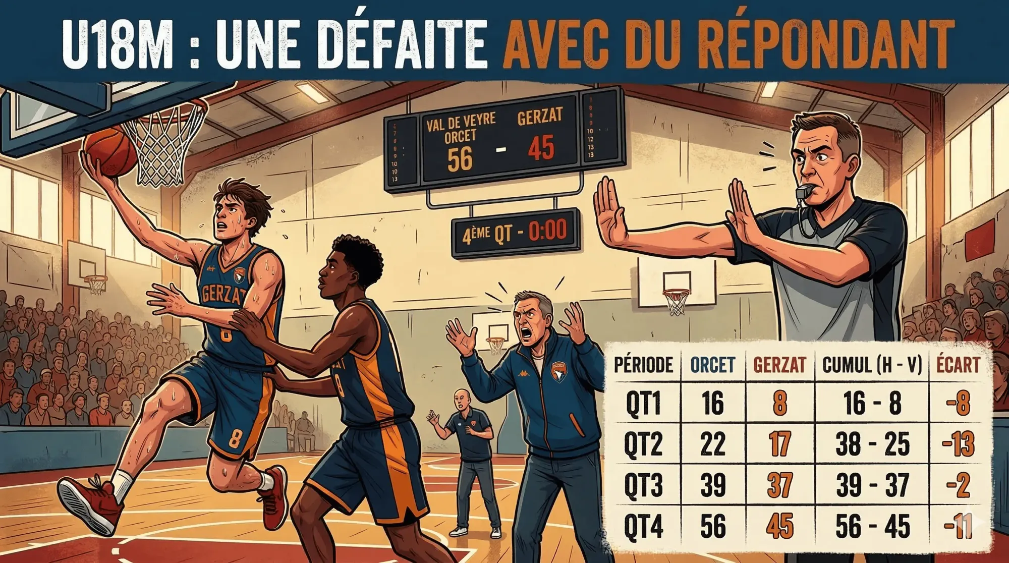 Gerzat Basket U18M puni par ses propres déchets dans le cauchemar arbitral d'Orcet (56-45)