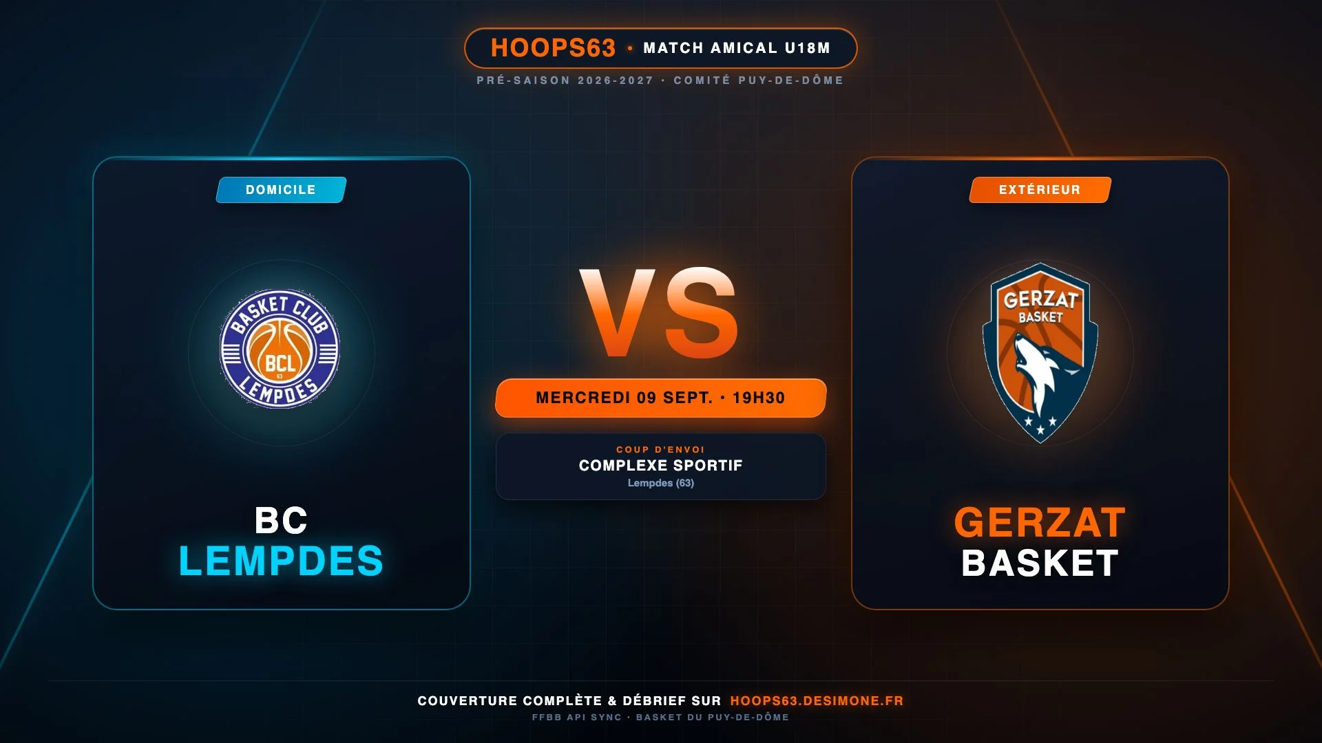 Affiche officielle du match amical U18M BC Lempdes vs Gerzat Basket - 9 septembre 2026