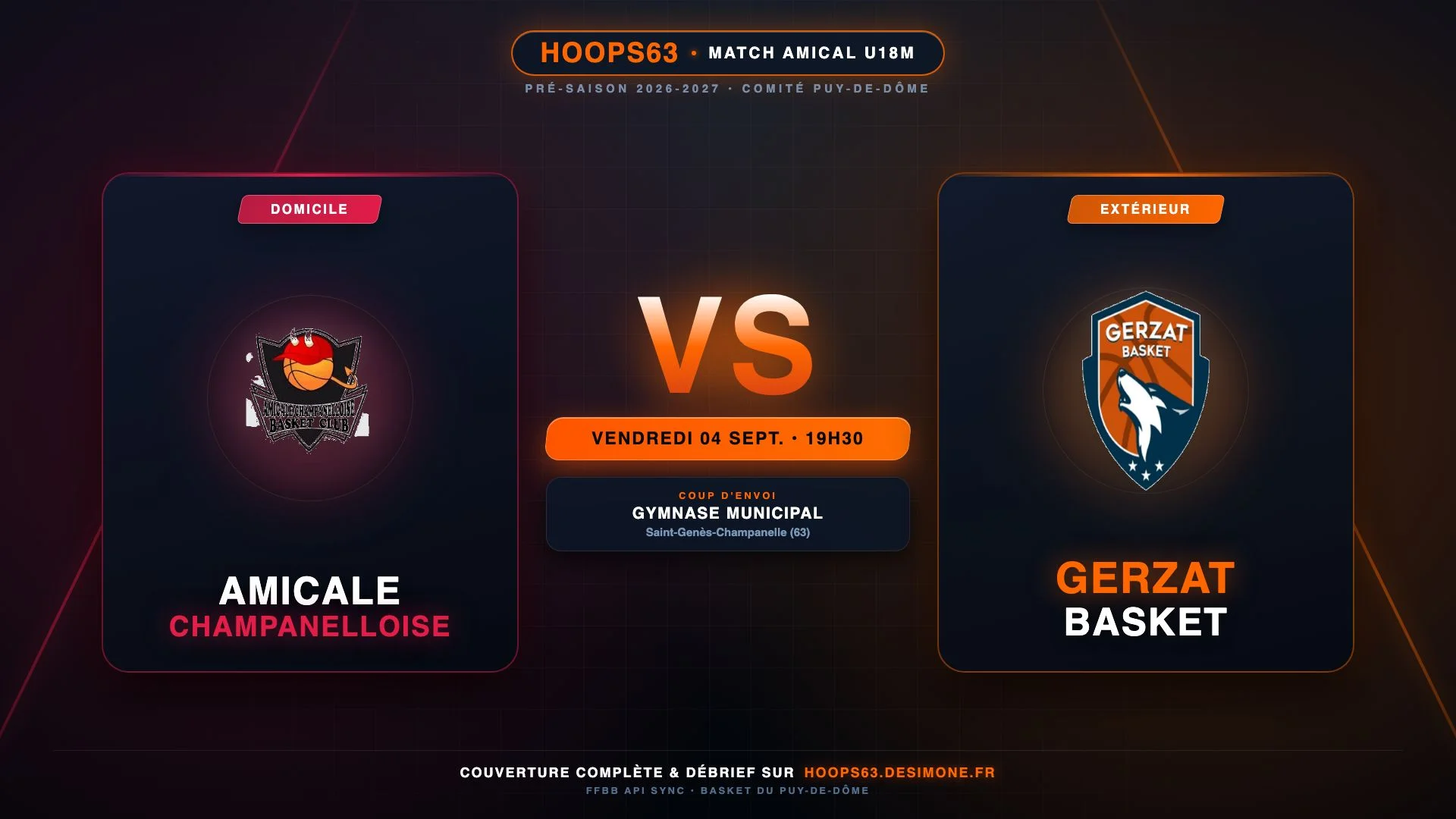 Affiche officielle du match amical U18M Saint-Genès Champanelle vs Gerzat Basket - 4 septembre 2026